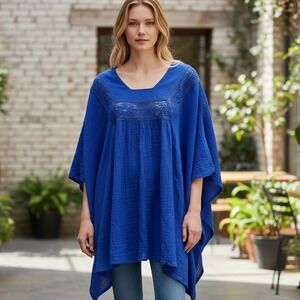 TOAST Suzie Kondi NWT Blue Cotton Crochet Kimono Long Sleeve Tunic Boho Hippie M